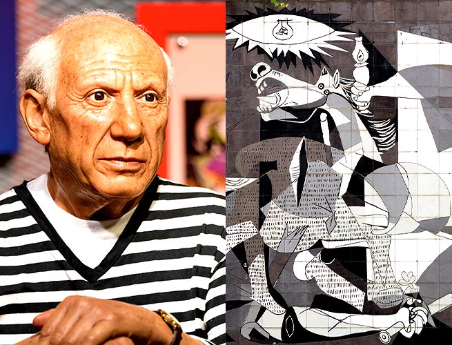 Pablo Picasso e parte da obra Guernica