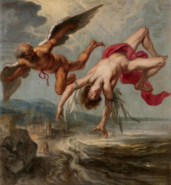 Pintura O voo de Ícaro mostra dois homens com asas e um deles caindo